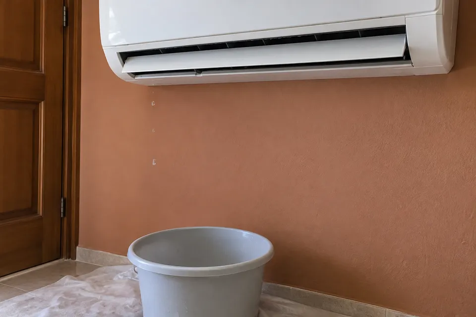Gotas de agua bajo un split interior y recipiente para proteger el suelo