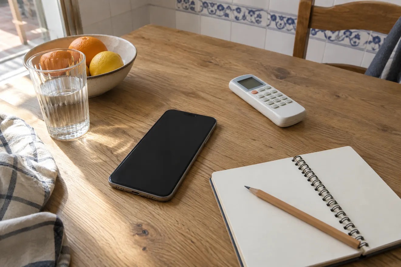 Teléfono, mando de aire acondicionado, cuaderno abierto y lápiz sobre una mesa de madera