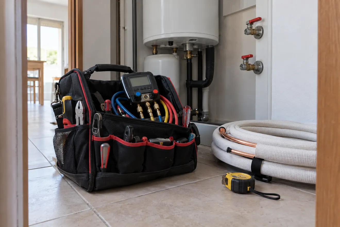 Bolsa de herramientas de climatización con manómetro digital, tubería aislada y cinta métrica