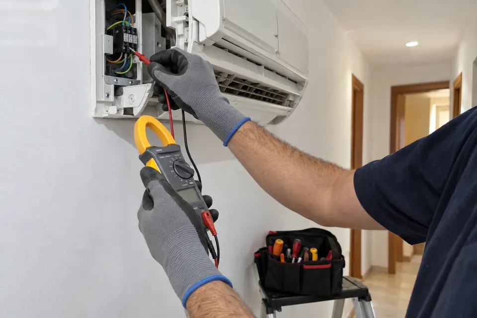 Comprobación técnica con multímetro en una unidad interior de aire acondicionado