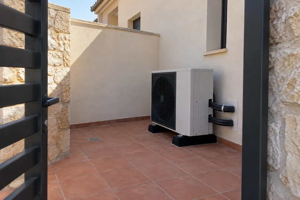 Bomba de calor con tuberías aisladas en un patio de vivienda